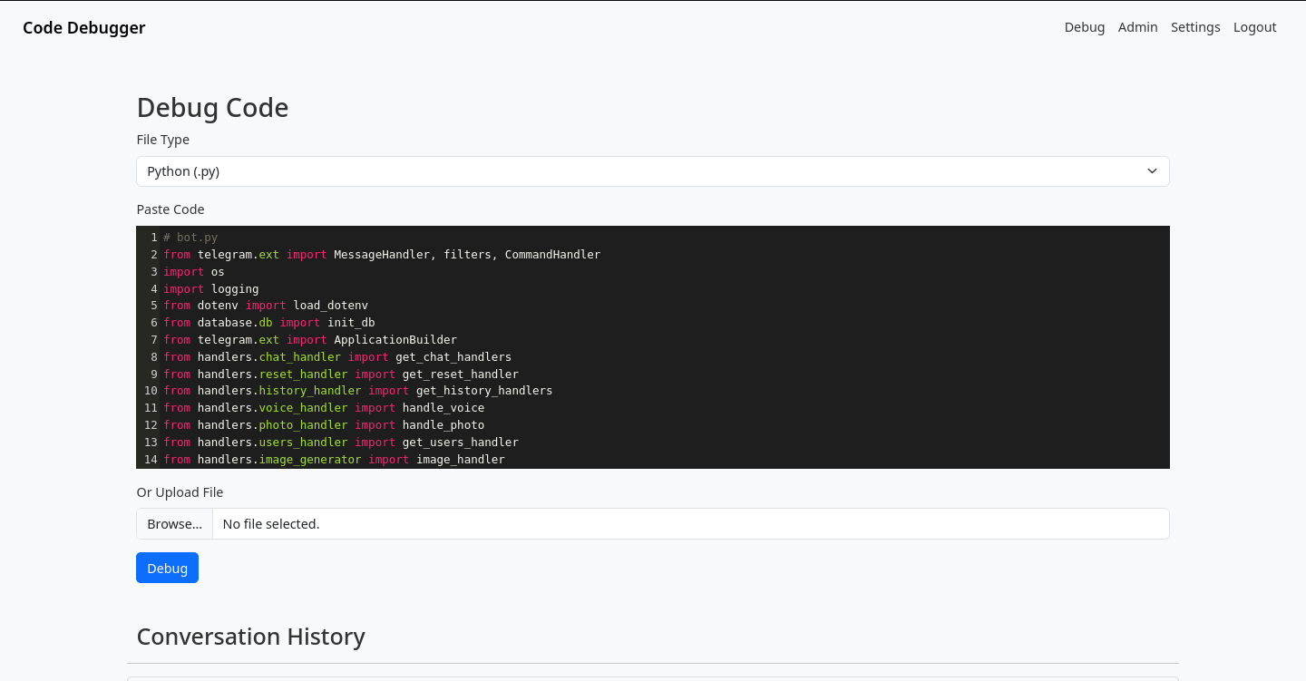AI Code Debugger debugging page